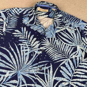 TOMMY BAHAMA Shirt Mens XXL Blue 100% Silk Button Foliage Hawaiian Palm Leaves
